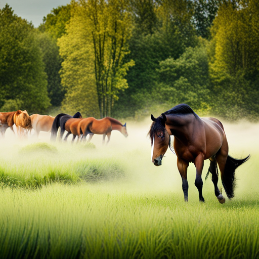 An image capturing the essence of "Alternatives to Grazing for Horses in Limited Spaces," depicting horses contentedly exploring a lush, vertical, and multi-tiered grazing system, maximizing their forage intake and ensuring their well-being