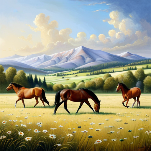 An image of a serene pasture scene, with a group of healthy domesticated horses grazing peacefully on lush green grass, showcasing an ideal example of managing grazing for equine welfare and optimal nutrition
