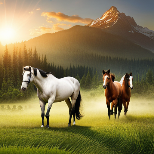 An image showcasing a lush, diverse pasture with healthy, well-nourished horses grazing peacefully