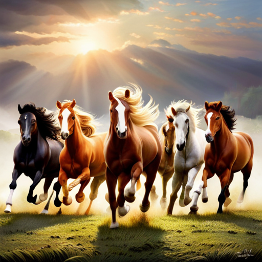 An image capturing the ethereal beauty of horses in heaven