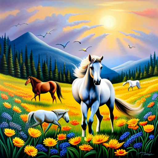 An image that portrays a serene, celestial landscape where horses roam freely amidst vibrant meadows of wildflowers, their majestic presence radiating warmth and compassion, inviting viewers to embrace the healing power of envisioning horses in heaven