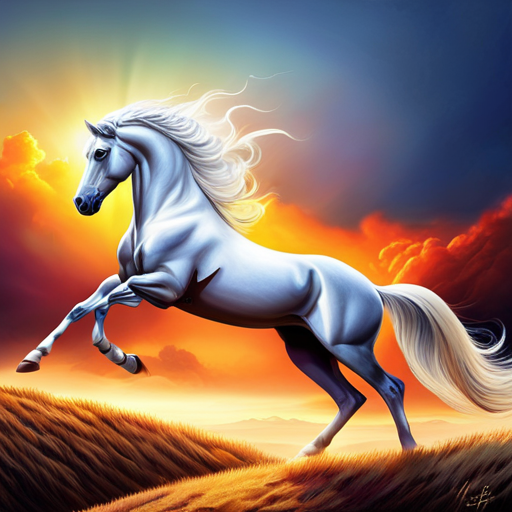 An image featuring a majestic white horse adorned with a golden saddle, standing on a hilltop against a vibrant sunset backdrop