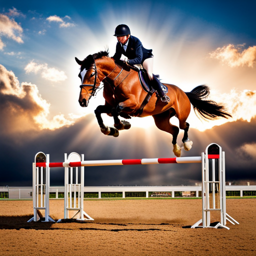  an image capturing the essence of horses effortlessly leaping over a series of jumps, showcasing their harmonious synchronization, perfect balance, and rhythmic movements, illustrating the art of developing balance and rhythm in jumping