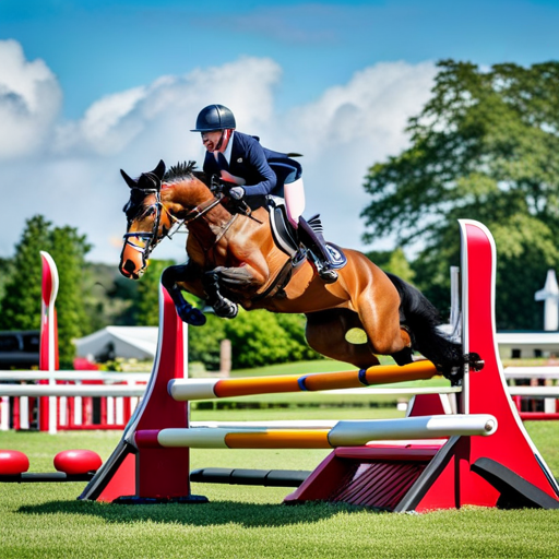 An image capturing the intensity of a horse leaping gracefully over a colorful show jump, the rider's focused determination evident as they guide their mount towards a flawless landing