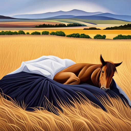 An image showcasing a horse resting peacefully on soft, clean bedding, surrounded by a thick layer of clean straw