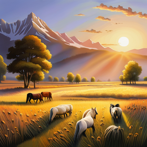 An image depicting a serene pasture at sunset, where a herd of horses lies comfortably on the ground, displaying their innate instinct to rest and bond, showcasing the beauty of natural equine behavior