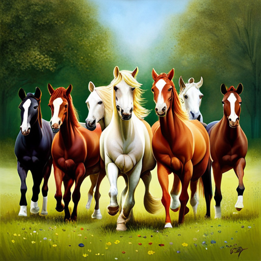 An image capturing a group of horses in a lush meadow, their heads held high and mouths open wide, emanating a symphony of vibrant neighs that echo through the tranquil surroundings, showcasing the profound significance of neighing in horse behavior and psychology