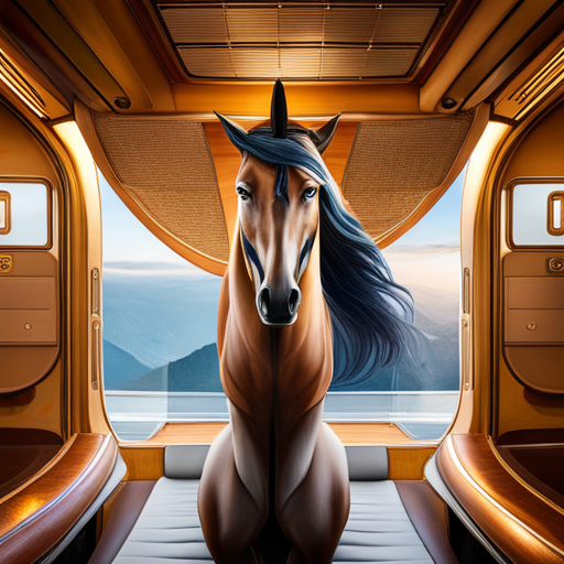 An image of a magnificent horse, adorned with a regal saddle and bridle, standing confidently inside a luxurious airplane cabin