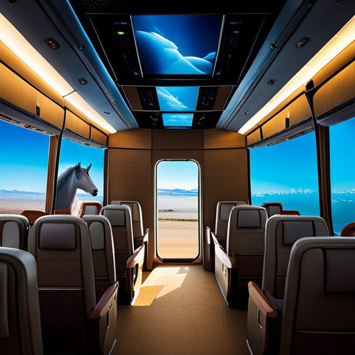 An image showcasing the surreal sight of majestic horses gracefully trotting inside a fully lit airplane cabin, their sleek coats shimmering under the soft glow of overhead lights as they navigate the narrow aisles and peer curiously through the oval windows