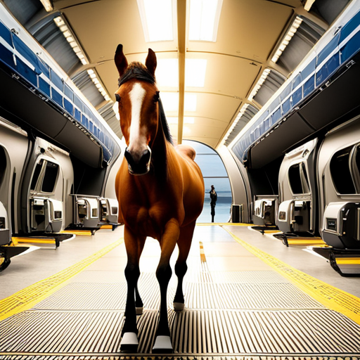 An image capturing the chaos and excitement of a horse-filled cargo hold on a massive jumbo jet, with meticulous customs officers examining passports and meticulously inspecting horse health certificates amidst the flurry of activity