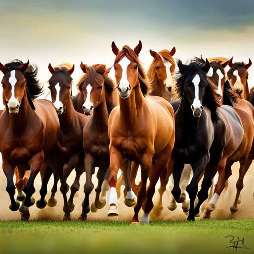  the essence of equine movement in an image: depict a close-up of a herd of horses gracefully galloping across a vast, sunlit field, their muscular bodies synchronizing their powerful strides, showcasing the various gaits of these majestic creatures
