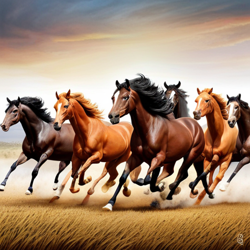 An image capturing the essence of horses' natural instinct to run: a powerful herd of sleek, muscular horses galloping freely across a vast, golden plain, their manes flowing in the wind
