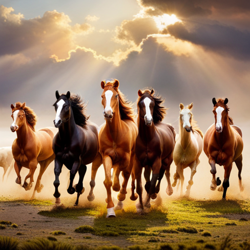 An image capturing the awe-inspiring sight of a herd of majestic horses, their muscular bodies glistening under the sun, as they gallop across a vast, golden meadow, their manes flowing freely in the wind