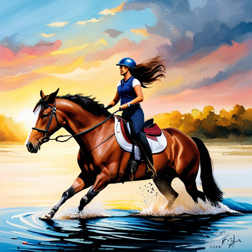 An image capturing the serene sight of a rider guiding their horse through crystal clear water, both adorned with brightly colored safety vests and helmets, emphasizing the importance of protective gear during horse swimming