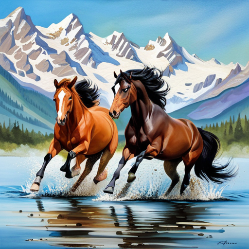 An image capturing the joyous moment of horses frolicking in crystal-clear water, their powerful bodies elegantly submerged as they swim gracefully together