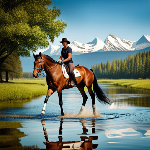An image capturing the moment when a skilled horse trainer gently leads a horse into a serene body of water, showcasing techniques for introducing horses to water with patience and trust