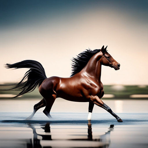 An image capturing the grace of a swimming horse, showcasing the intricate muscle structure of its powerful legs, the streamlined contour of its body, and the elegant movement of its tail flowing through the water
