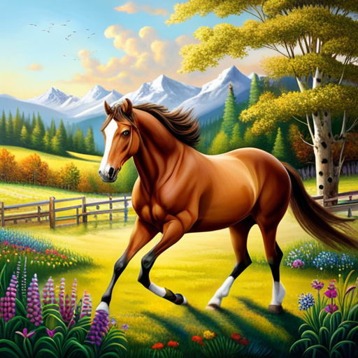An image capturing the serene beauty of a majestic horse being gently mounted, its glossy coat shimmering in the golden sunlight, amidst a picturesque landscape embellished with lush green meadows and vibrant wildflowers