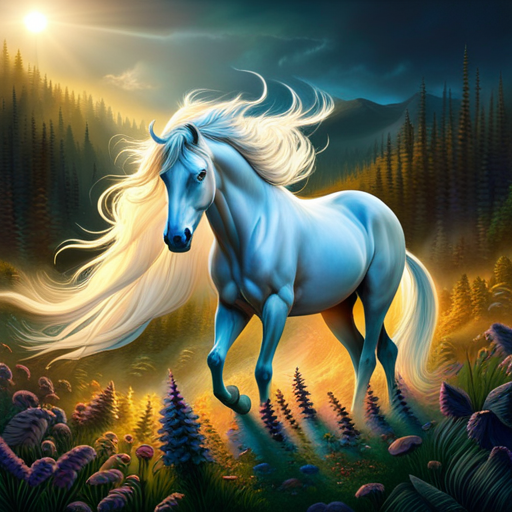 An image that captures the ethereal beauty of a blue-eyed horse, surrounded by an enchanted forest