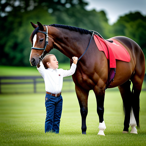 An image showcasing a horse with Down syndrome, depicting a trainer using positive reinforcement methods for behavior management