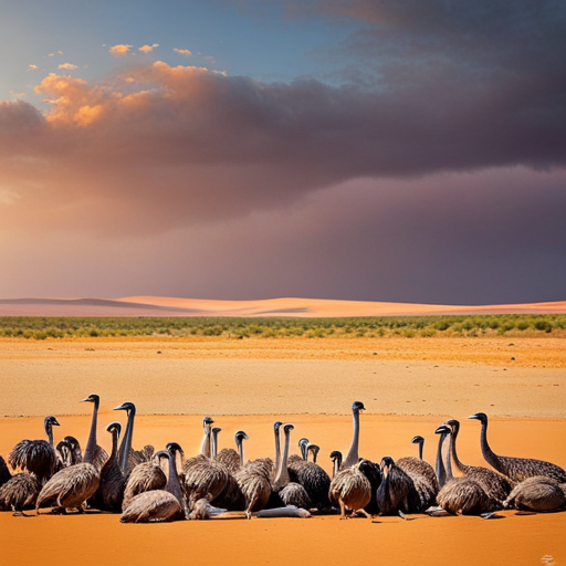 An image capturing the aftermath of the Emu War, depicting a barren landscape scattered with lifeless emu bodies, their feathers blending with the earth's tones, silently reflecting the devastating toll