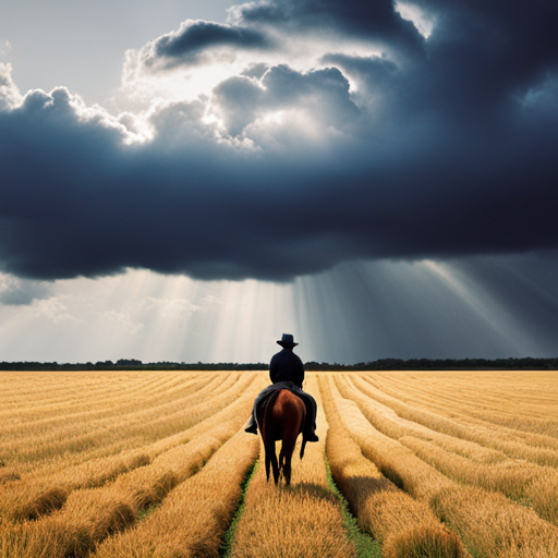 An image depicting a vast open field, where a single horse stands amidst scattered hay bales