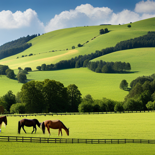 An image showcasing a lush, sun-kissed pasture with a serene backdrop of rolling hills