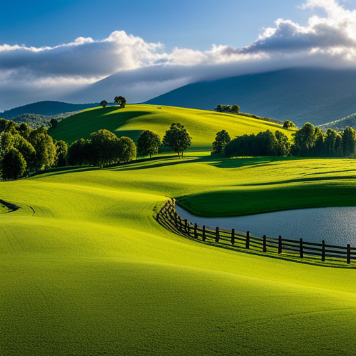 An image capturing a sprawling landscape with gently undulating hills, showcasing a lush pasture divided into smaller sections