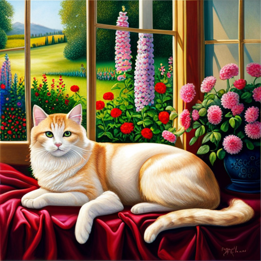 An image showcasing the serene beauty of a hypoallergenic cat lounging gracefully on a plush velvet cushion, its soft, lustrous fur gently contrasting with the vibrant hues of surrounding flowers and shimmering sunlight filtering through a window
