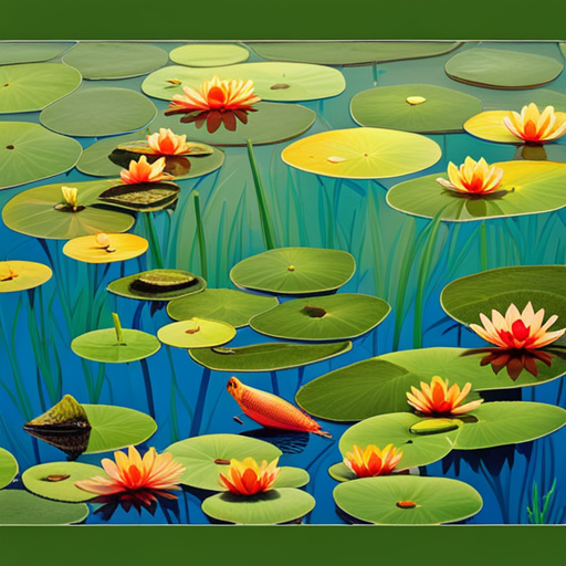 An image that showcases a crystal-clear pond teeming with vibrant aquatic life