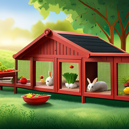 An image showcasing a spacious rabbit hutch filled with soft, green grass