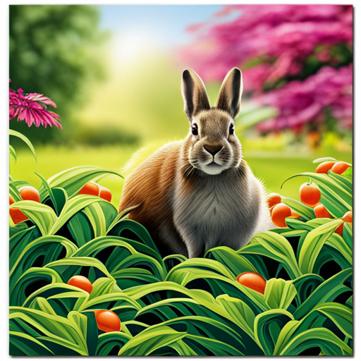 An image of a vibrant green meadow, where a healthy red-eyed rabbit nibbles on a variety of fresh leafy greens, crunchy carrots, and nutrient-rich pellets