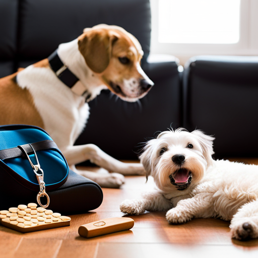 An image showcasing a serene living room scene with a contented dog sitting calmly beside a variety of training tools, including a clicker, treat pouch, and a training collar, highlighting effective solutions to silence excessive barking