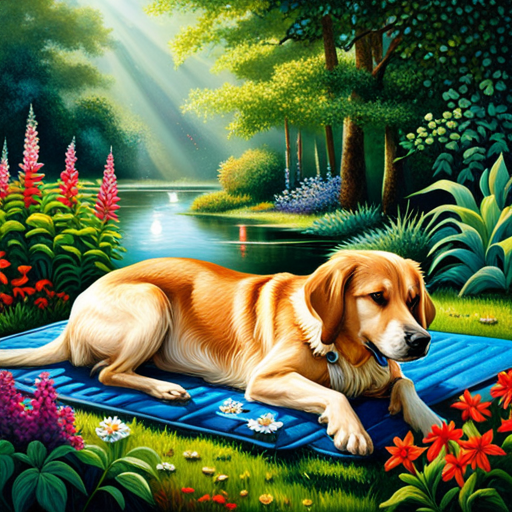 An image of a contented dog lounging on a vibrant blue cooling mat, surrounded by refreshing droplets of water