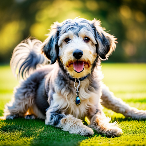 An image of a joyful Aussiedoodle, surrounded by a loving family in a vibrant park