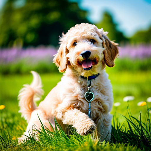 the essence of the perfect family companion with a heartwarming image: a playful Mini Goldendoodle, their soft, golden curls glimmering in the sunlight, joyfully bounding through a vibrant meadow alongside delighted children