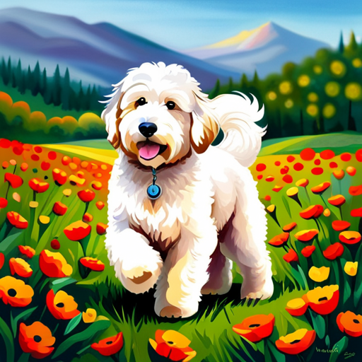 An image of a majestic Saint Berdoodle bounding through a vibrant meadow, its fluffy coat flowing in the wind