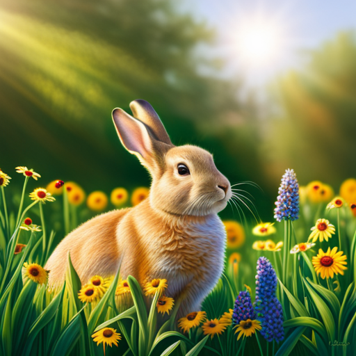 An image capturing a serene, sun-kissed meadow where a contented, elderly rabbit basks in the warm glow, surrounded by vibrant wildflowers and lush green grass, exemplifying the secret to a long and joyful rabbit life