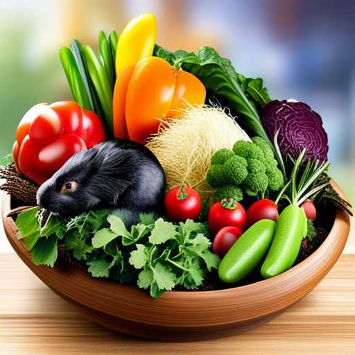 An image showcasing a diverse spread of fresh leafy greens, colorful vegetables, and hay arranged in a rabbit's feeding bowl