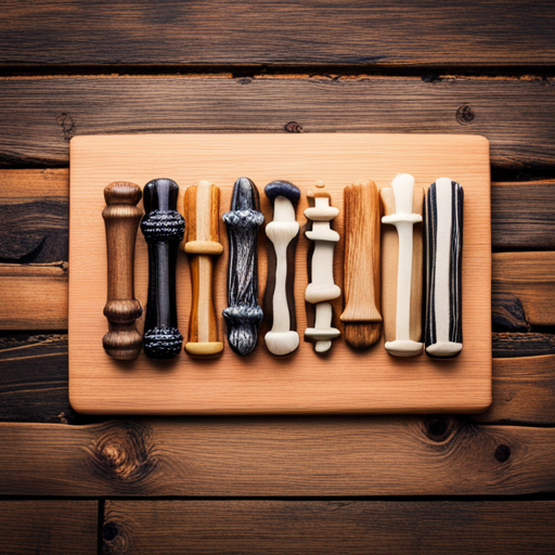 An image with a variety of dog bones displayed on a clean, wooden surface