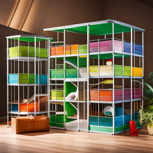 An image showcasing a spacious, multi-leveled hamster cage with vibrant colors, filled with tunnels, exercise wheels, cozy sleeping areas, and an interactive play zone, demonstrating the ultimate hamster paradise