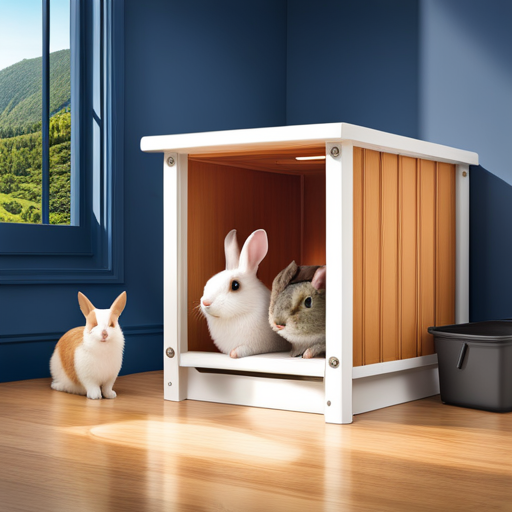 An image featuring a spacious, well-ventilated rabbit habitat with a cozy litter box tucked in the corner, filled with absorbent, odor-controlling litter