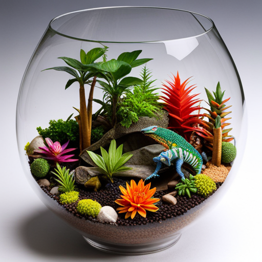 An image showcasing a vibrant terrarium adorned with lush tropical plants, featuring a diverse array of captivating lizards: from the regal, jewel-toned Panther Chameleon to the docile, spiky-bearded Dragon and the agile, rainbow-hued Green Anole