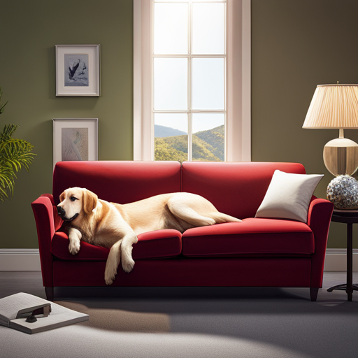 An image showcasing a serene, sunlit living room where a content Labrador rests peacefully on a plush couch, while a smiling owner tenderly strokes its fur, highlighting the significance of Trazodone in calming anxious dogs