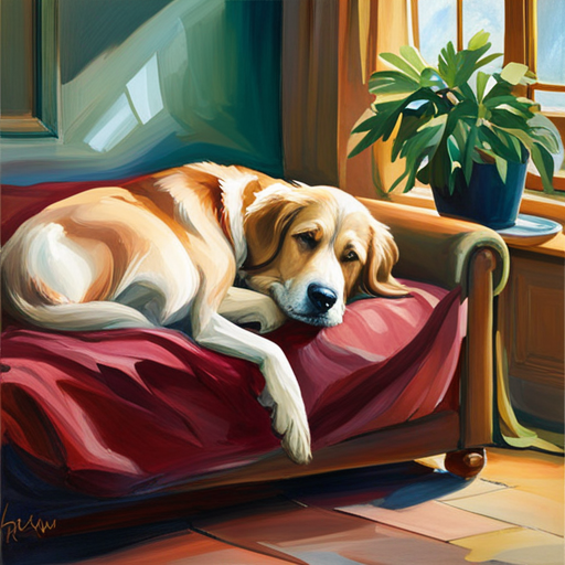 An image showcasing a contented dog lying on a cozy bed, surrounded by a serene atmosphere