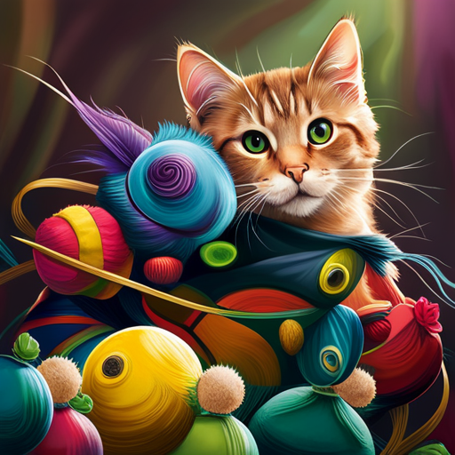 An image showcasing a playful cat surrounded by an assortment of colorful and engaging toys, featuring interactive tunnels, feather teasers, treat-dispensing puzzles, and a cozy catnip-filled bed, emphasizing endless feline entertainment in 2023