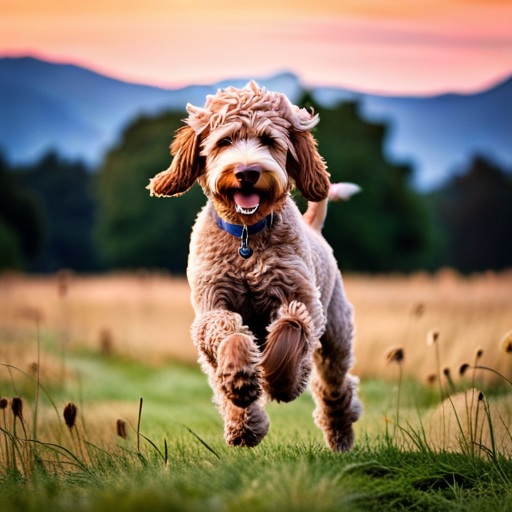 an image of a Labradoodle bounding through a lush, vibrant field, its wavy fur shimmering in the sun