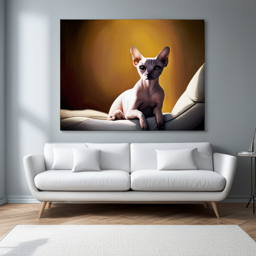 An image capturing a serene living room with a sleek, white-haired Sphynx cat perched on a hypoallergenic, non-shedding sofa, surrounded by an allergy-friendly environment, showcasing the absence of typical cat allergens