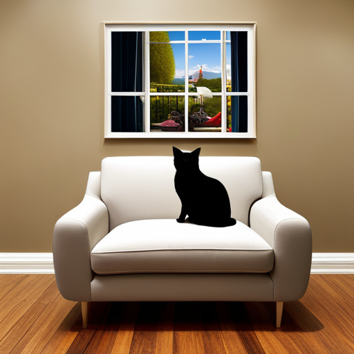 An image showcasing a serene living room adorned with a sleek, short-haired cat perched gracefully on a plush armchair
