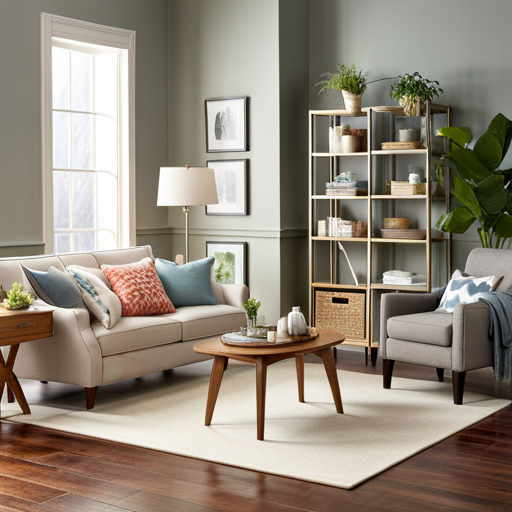 An image that showcases a serene living room, adorned with hypoallergenic cat-friendly furniture and decorations